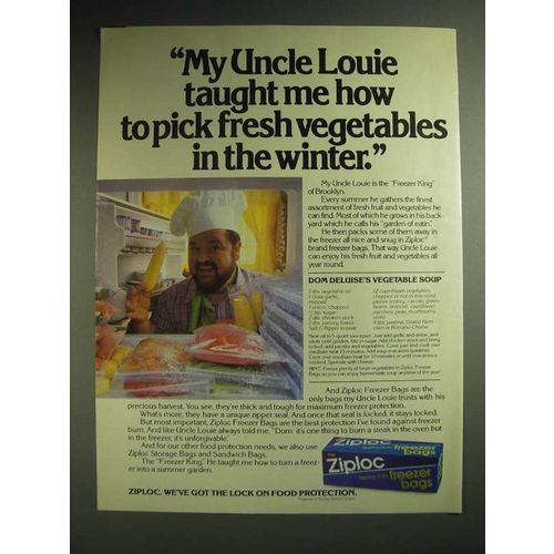 1985 Ziploc Freezer Bags Ad - Dom Deluise's Vegetable soup Recipe