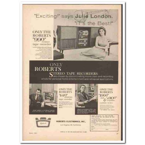 ROBERTS ELECTRONICS INC 1961 Julie London 990 tape recorder vintage ad