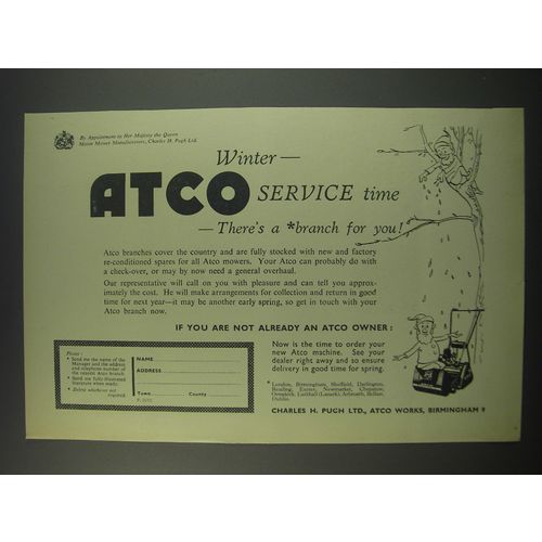 1957 Atco Motor Mower Ad - Winter - Atco service time