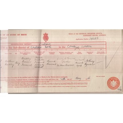 1966 copy of BIRTH CERTIFICATE for Arthur Dudley Forwood born 1908,Chelsea.