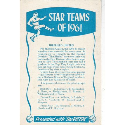 Sheffield United 1960-61 Star Teams 1961 Victor Collectors Card Fine Condition