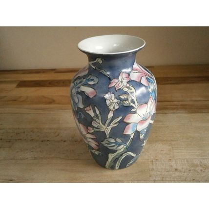 Blue & Pink Oriental Design Hand Painted Floral Vase