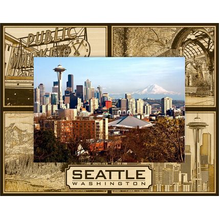 Seattle Washington Montage Laser Engraved Wood Picture Frame Landscape (5 x 7)