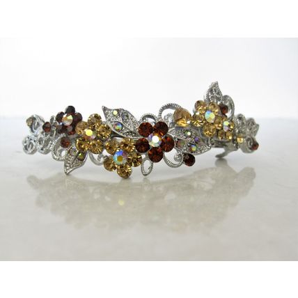 Large silver leaves flowers pink purple amber brown crystal hair barrette