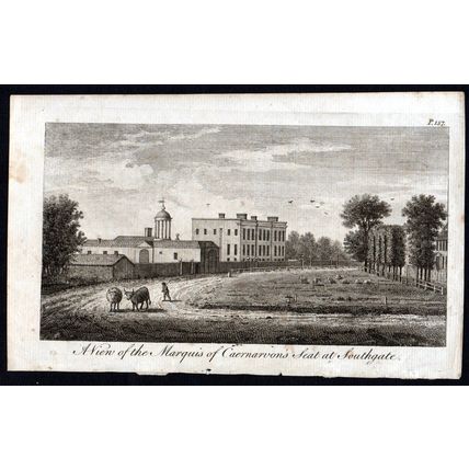 A VIEW OF THE MARQUIS OF CAERNARVON’S SEAT AT SOUTHGATE 1773 ANTIQUE ENGRAVING