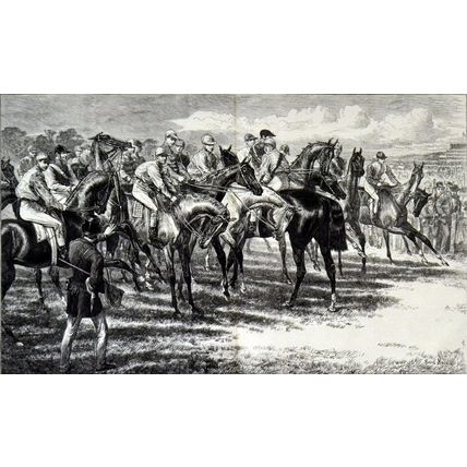 DERBY - AT THE STARTING POST 1872 Basil Bradley VICTORIAN ENGRAVING