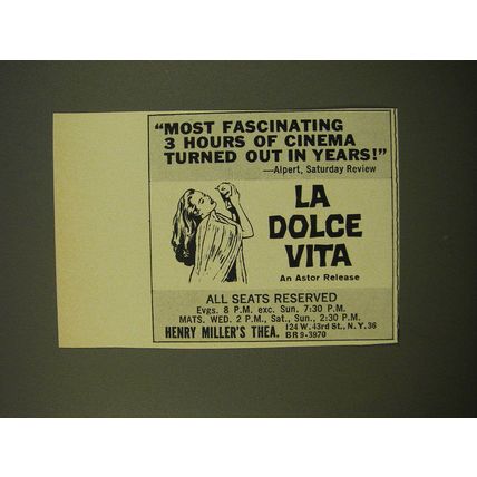 1961 La Dolce Vita Movie Advertisement - Most fascinating 3 hours of cinema