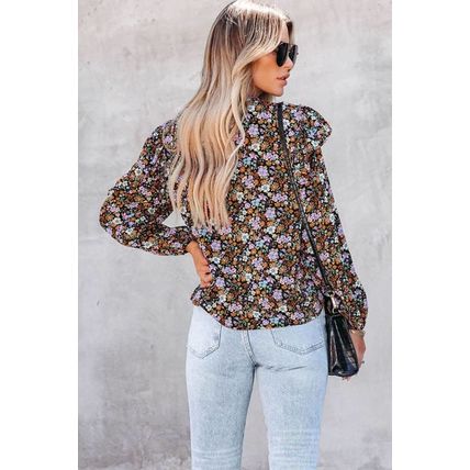 Floral Print Ruffled Bubble Sleeve Shirt