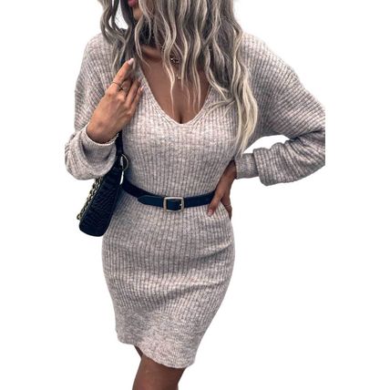 Gray V Neck Bodycon Sweater Dress