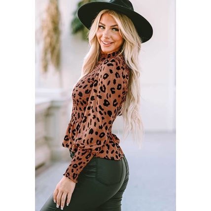 Brown Leopard Smocked Puff Sleeve Peplum Top