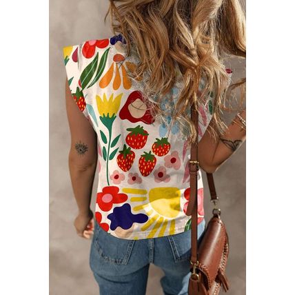 Khaki Flower Print Round Neck Cap Sleeve T Shirt