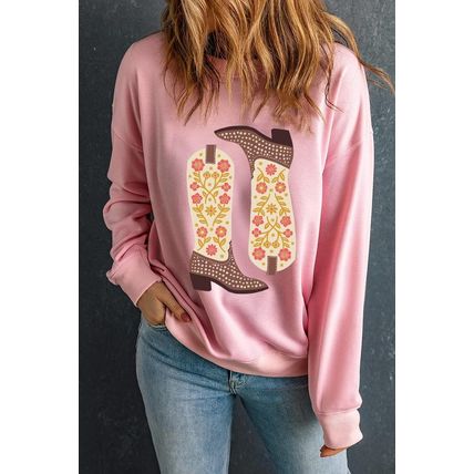Pink Floral Cowgirl Boots Graphic Drop Shoulder Sweatshirt