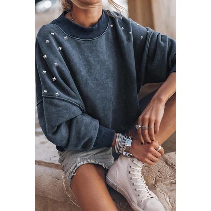 Sky Blue Beads Stud Drop Shoulder Loose Sweatshirt
