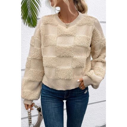 Parchment Checkered Sherpa Crew Neck Loose Sweater