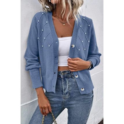 Myosotis Textured Knit Pearl Beaded Button Up Cardigan
