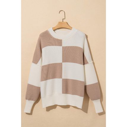 Khaki Checkered Side Slits Drop Shoulder Oversized Sweater