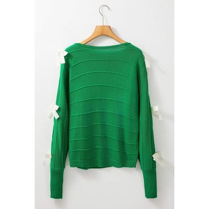 Bright Green Bow Knot Cut Out Round Neck Loose Sweater