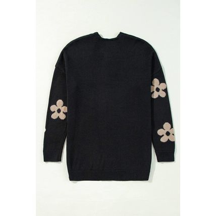 Black Floral Print Knitted Open Front Loose Cardigan