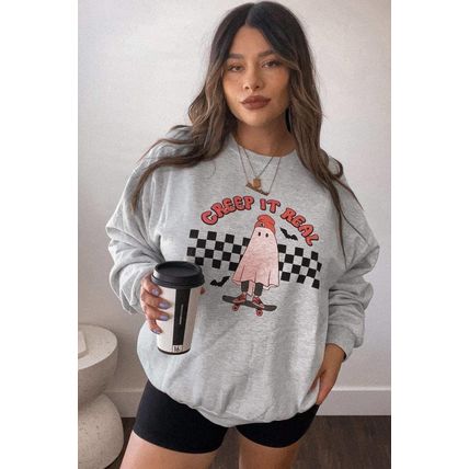 Light Grey Creep It Real Ghost Print Plus Size Sweatshirt