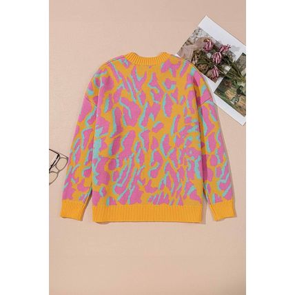 Bright Pink Plus Size Leopard Ribbed Trim Sweater