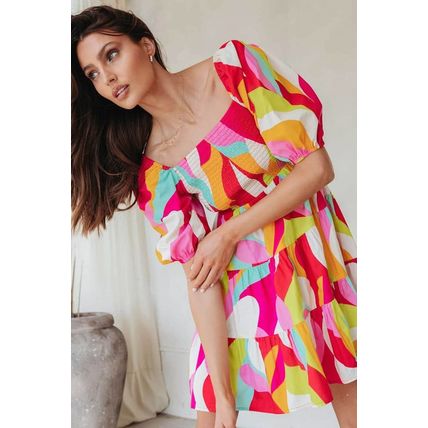 Multicolor Geometric Print Smocked Babydoll Mini Dress