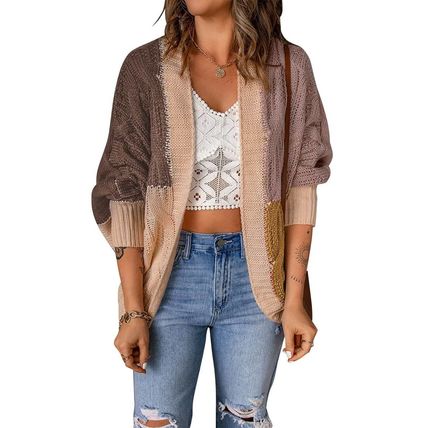 Brown Color Block Loose Open Front Knitted Cardigan