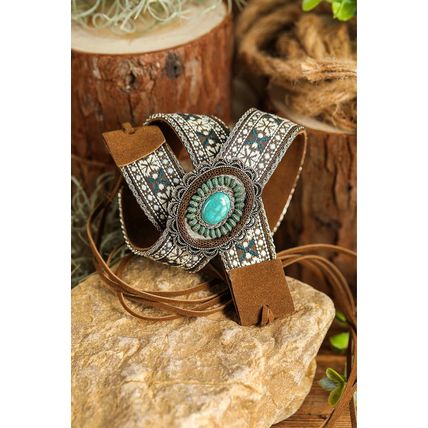 Light Blue Western Pattern Turquoise Decor Lace-up PU Leather Hat Band