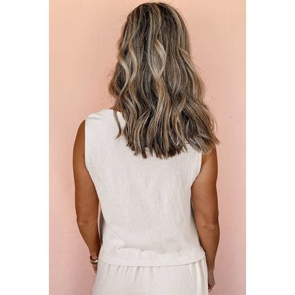 Apricot Buttoned V Neck Tank Top and Wide Leg Pants Casual Outfit