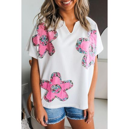 White Floral Applique Notched V Neck Dolman Sleeve Top