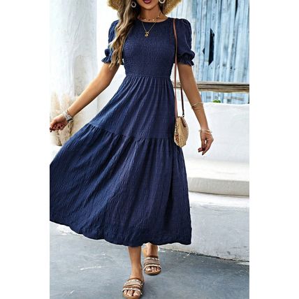 Sail Blue Solid Textured Smocked Puff Short Sleeve High Waist Long Dress