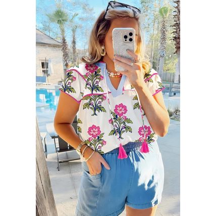 Rose Vintage Floral Print Contrast Notched V Neck Plus Size Summer Blouse