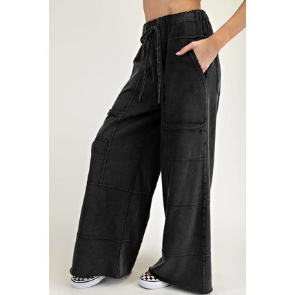 Black Mineral Wash Exposed Seam Drawstring High Waist Wide Leg Cargo Pants