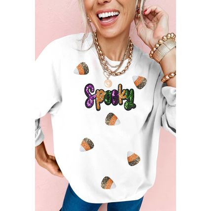 White Sequin Spooky Halloween Spirit Print Casual Sweatshirt