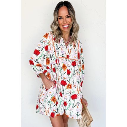 Beige Floral Print 3/4 Puff Sleeve Ricrac Trim Mini Dress