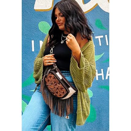 Spinach Green Oversize Crochet Knit Open Cardigan