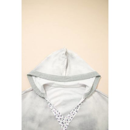 Green Floral Patched Waffle Textured Colorblock V Neck Casual Hooded Top