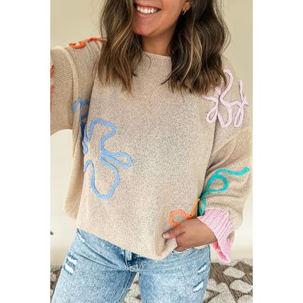 Jet Stream Contrast Flower Detail Colorblock Cuffed Loose Sweater
