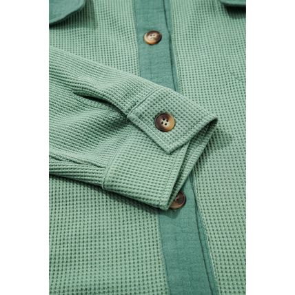 Grass Green Waffle Knit Vintage Patchwork Button Up Loose Shirt