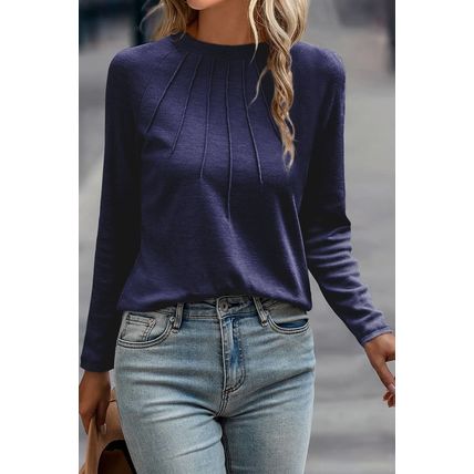 Navy Blue Solid Color Seam Detail Raglan Long Sleeve Top