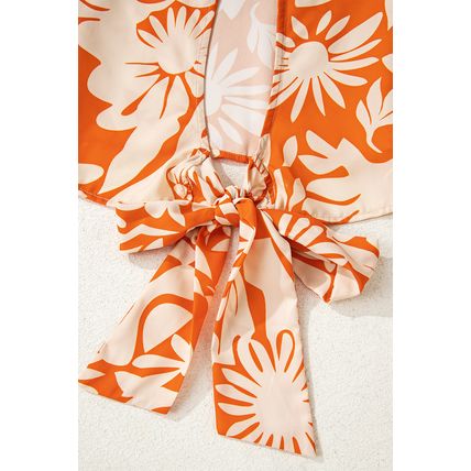 Orange Floral Print Knotted Open Back Long Sleeve Blouse
