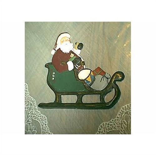 CHRISTMAS HAND-PAINTED WOOD SANTA ON SLEIGH WITH GIFTS