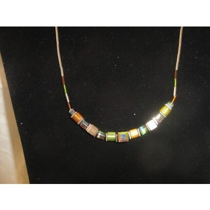 Feminine multicolour vintage treated cube and bugle bead necklace 16-17"