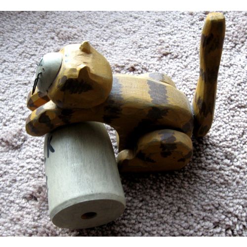 Unique Painted Wood Gold & Brown Tiger Kitty Cat With Matching Milk Bottle