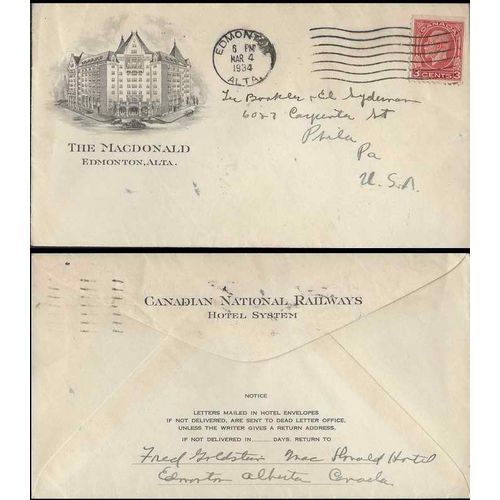 Canada Medallion Issue 1934 Booklet Single, Illustrated Edmonton Alberta HOTEL
