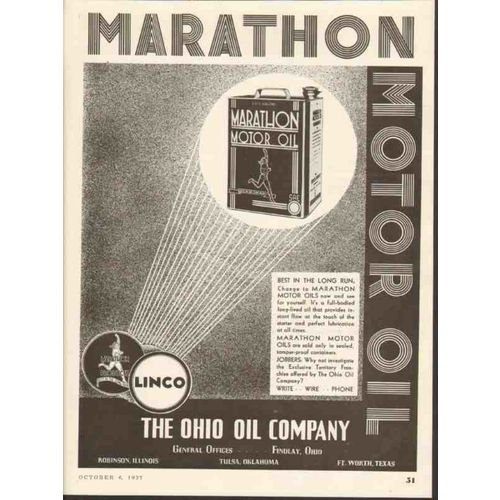 OHIO OIL COMPANY 1937 Linco gasoline Marathon Motor change vintage ad