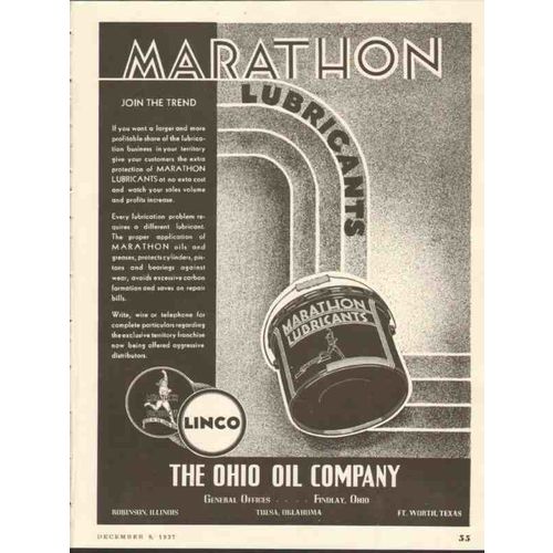 OHIO OIL COMPANY 1937 Linco Marathon Lubricants join trend vintage ad