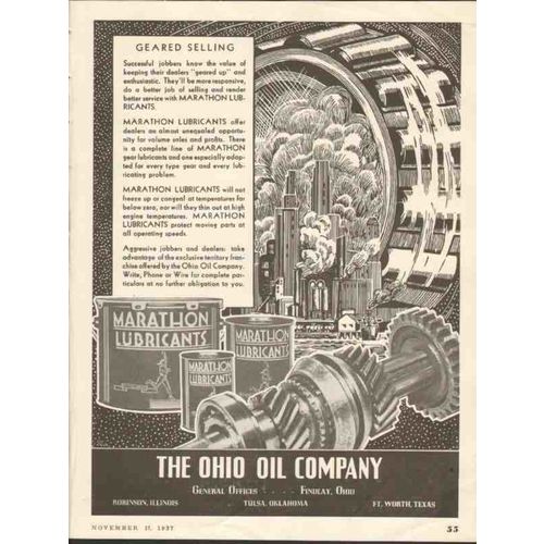 OHIO OIL COMPANY 1937 Marathon Lubricants geared selling vintage ad