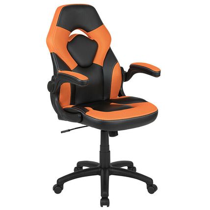 Red Gaming Desk and Orange/Black Racing Chair Set Cup Holder Headphone Hook