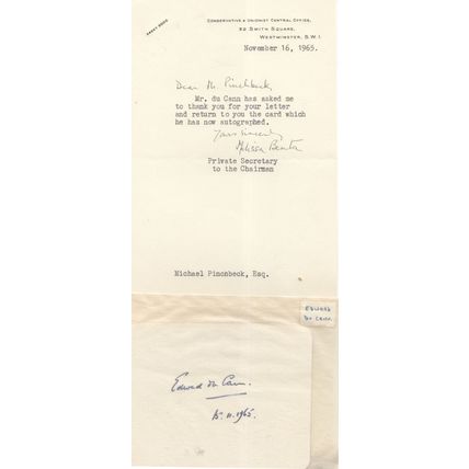 Conservative London Union Edward Du Cann 1965 Hand Signed Letter & Card