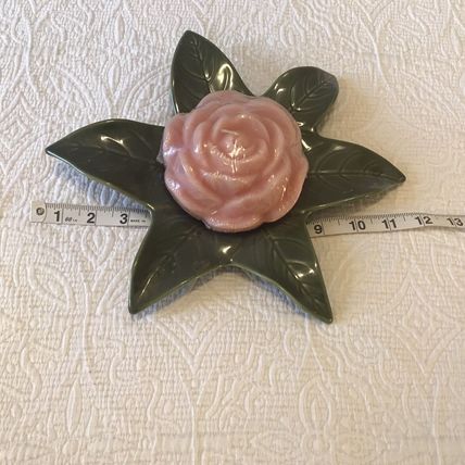 Large Pink Rose Shaped Scented Candle New Sealed with Green Ceramic Leaf Base
